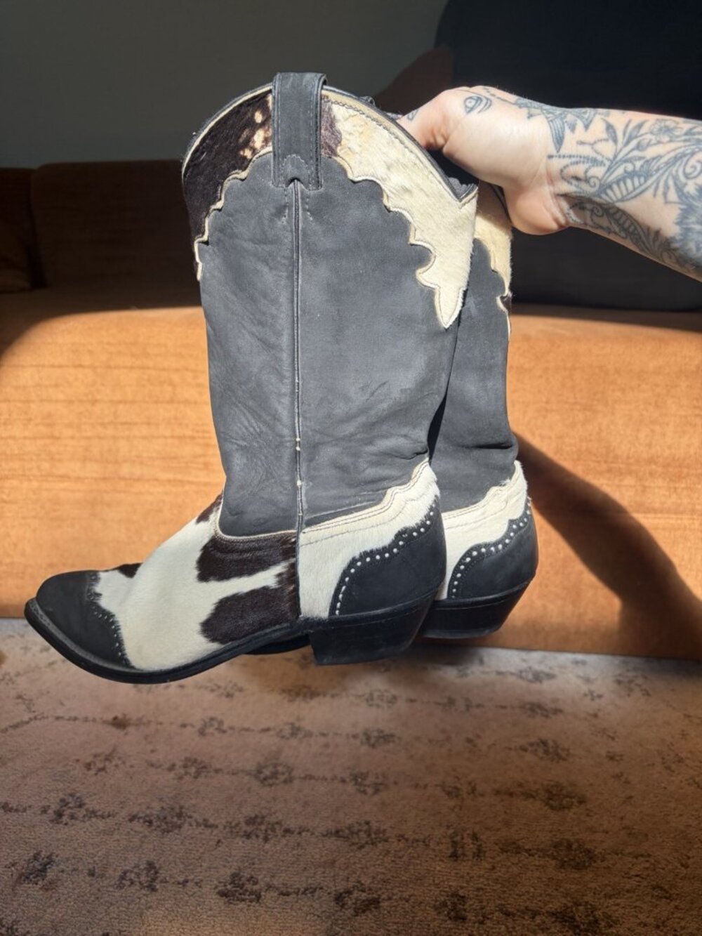 Vintage Women's Boots Size 8M Cow Print Pony Hair and Black Suede Rare